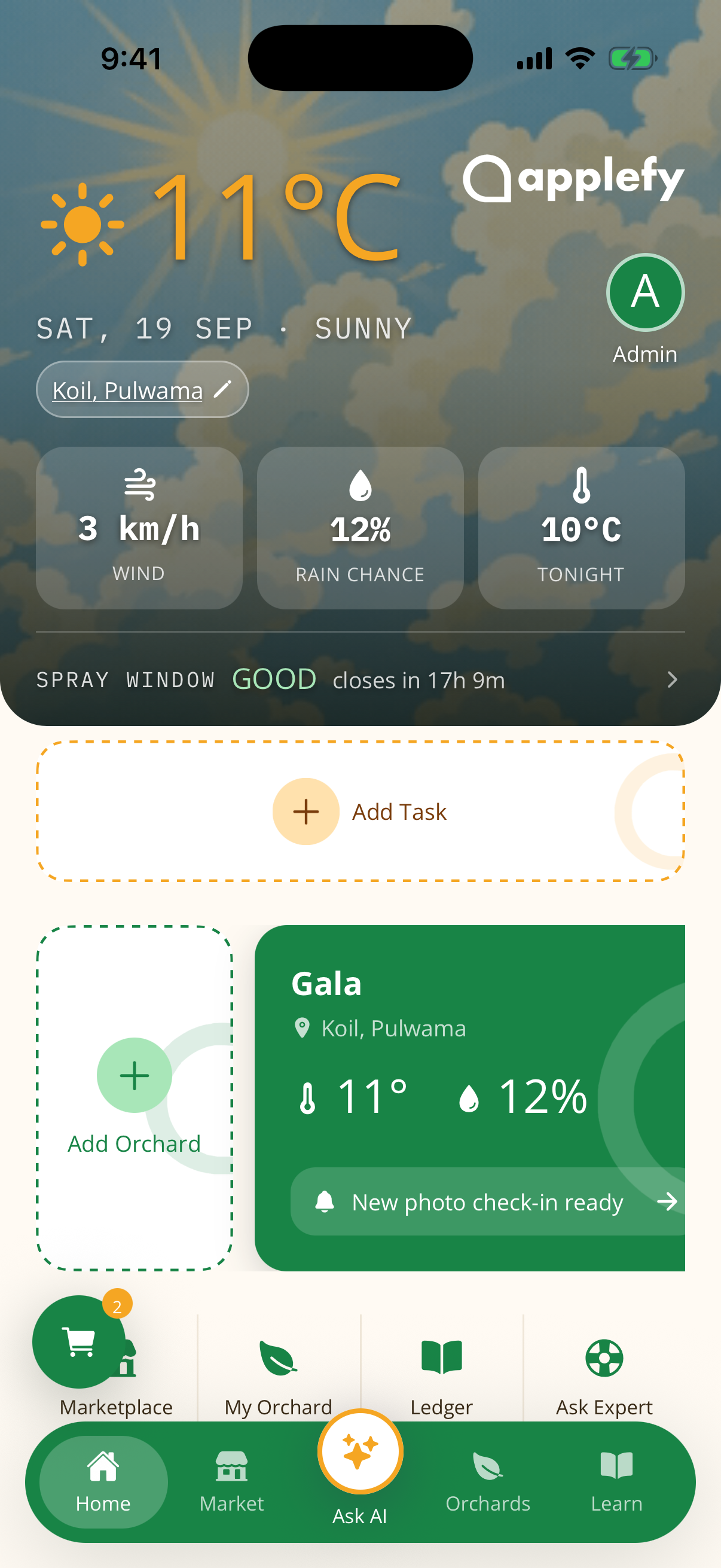 Applefy home screen showing weather and the spray window